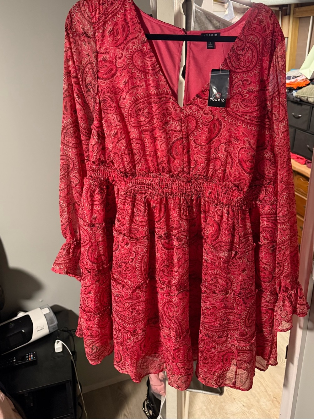 torrid Red Paisley V-Neck Long Sleeve Mini Dress